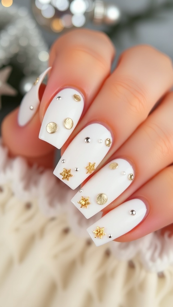 Elegant Christmas nail art with white base and gold accents, featuring snowflakes and glitter.
